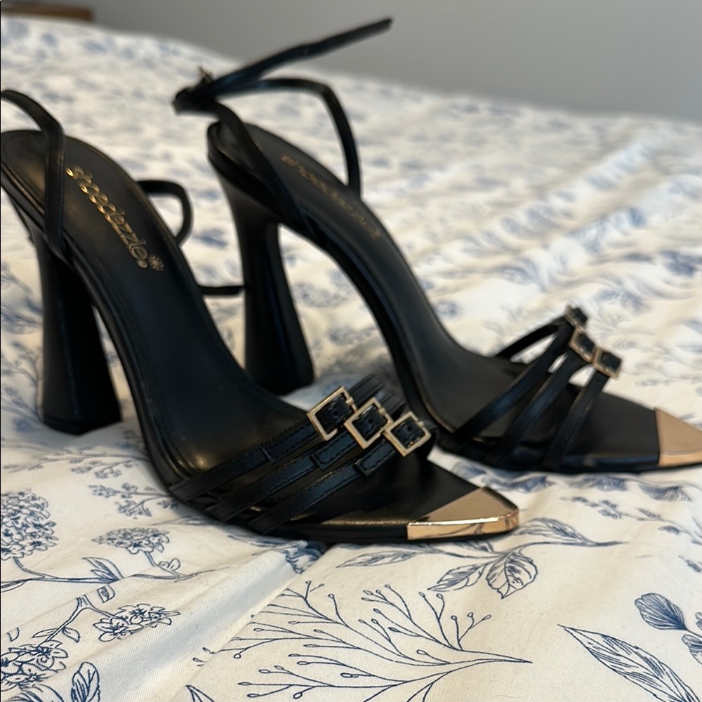 Black Strappy Heels with Gold Accents